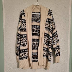 Chaps Cream & Navy Aztec Design Open Shawl Collar Cardigan Sweater Size Large